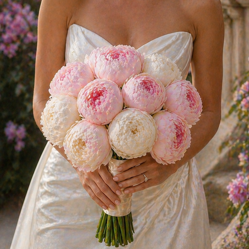 buchet mireasa bujori 15 flori matase japoneza
buchet mireasa bujori blush ivory elegant
buchet nunta bujori volum rotund
buchet mireasa floral couture handmade