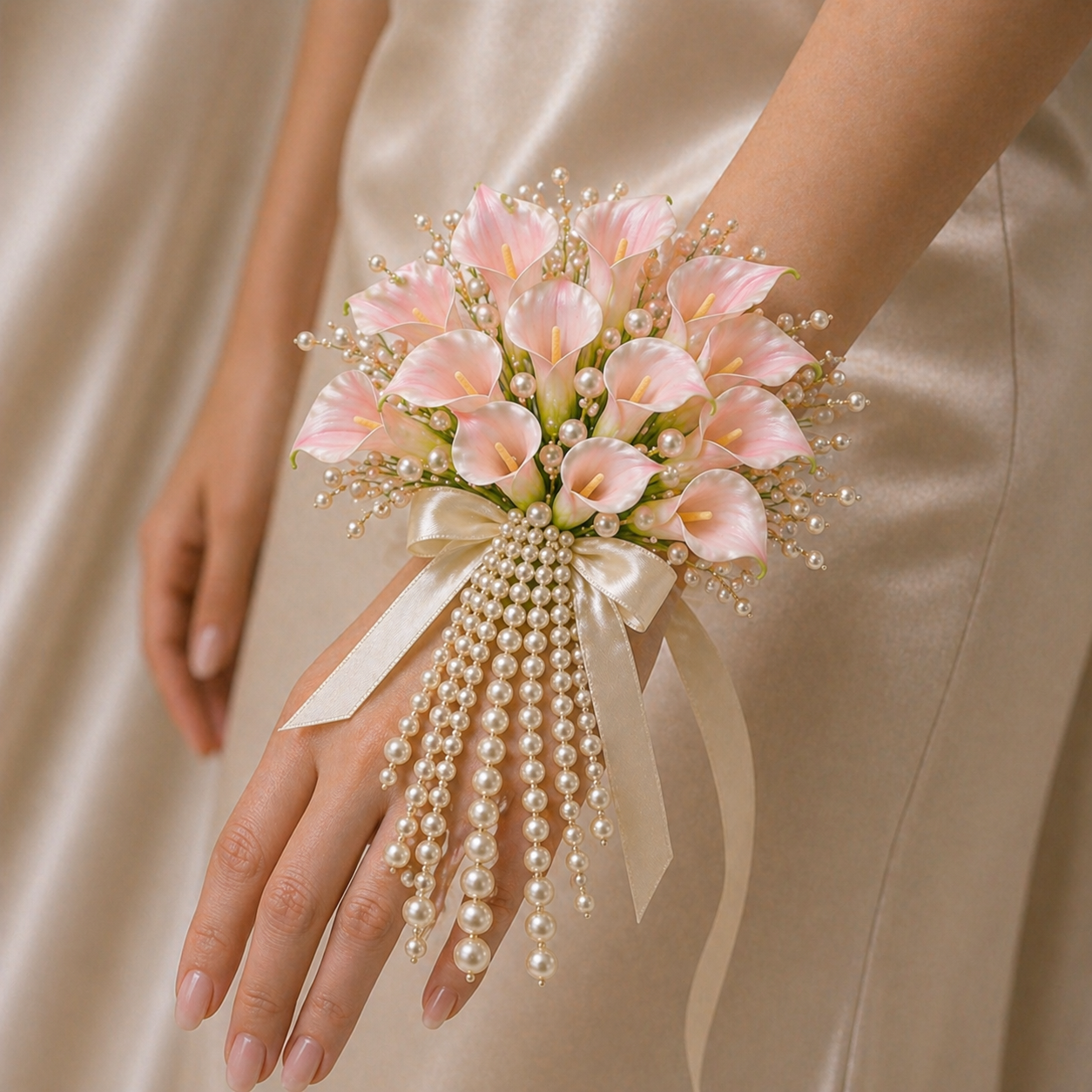 corsage mireasa aureline pearlee
bratara florala mireasa perle cascada
corsage nunta elegant handmade
accesoriu mireasa perle si calla