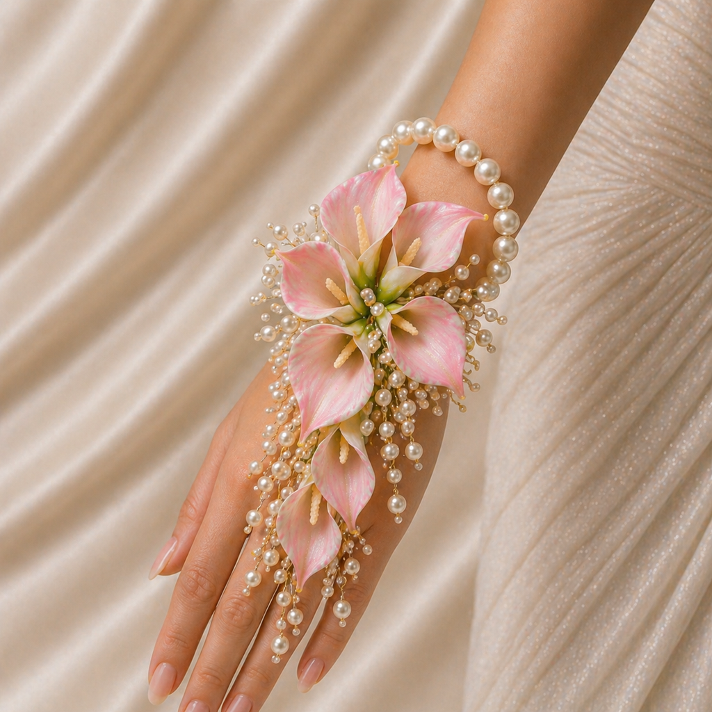corsage mireasa ivory pearl pearlee
bratara florala mireasa perle si calla
corsage nunta elegant handmade
accesoriu mireasa perle incheietura