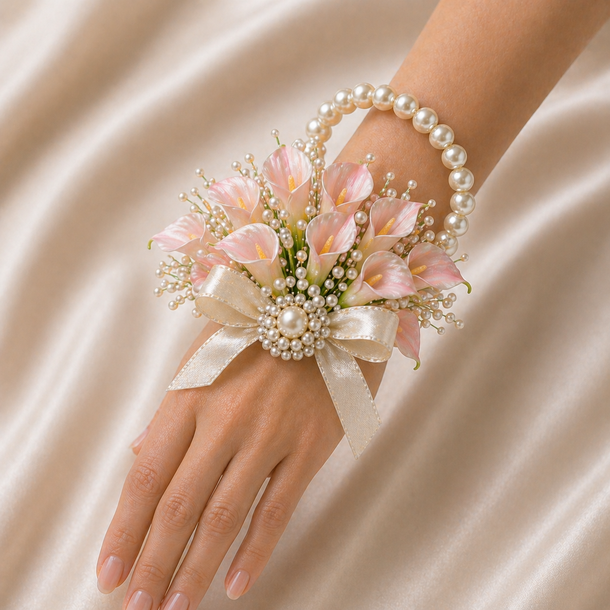 corsage mireasa the vow pearlee
bratara florala mireasa perle si calla
corsage nunta elegant handmade
accesoriu mireasa perle cascada