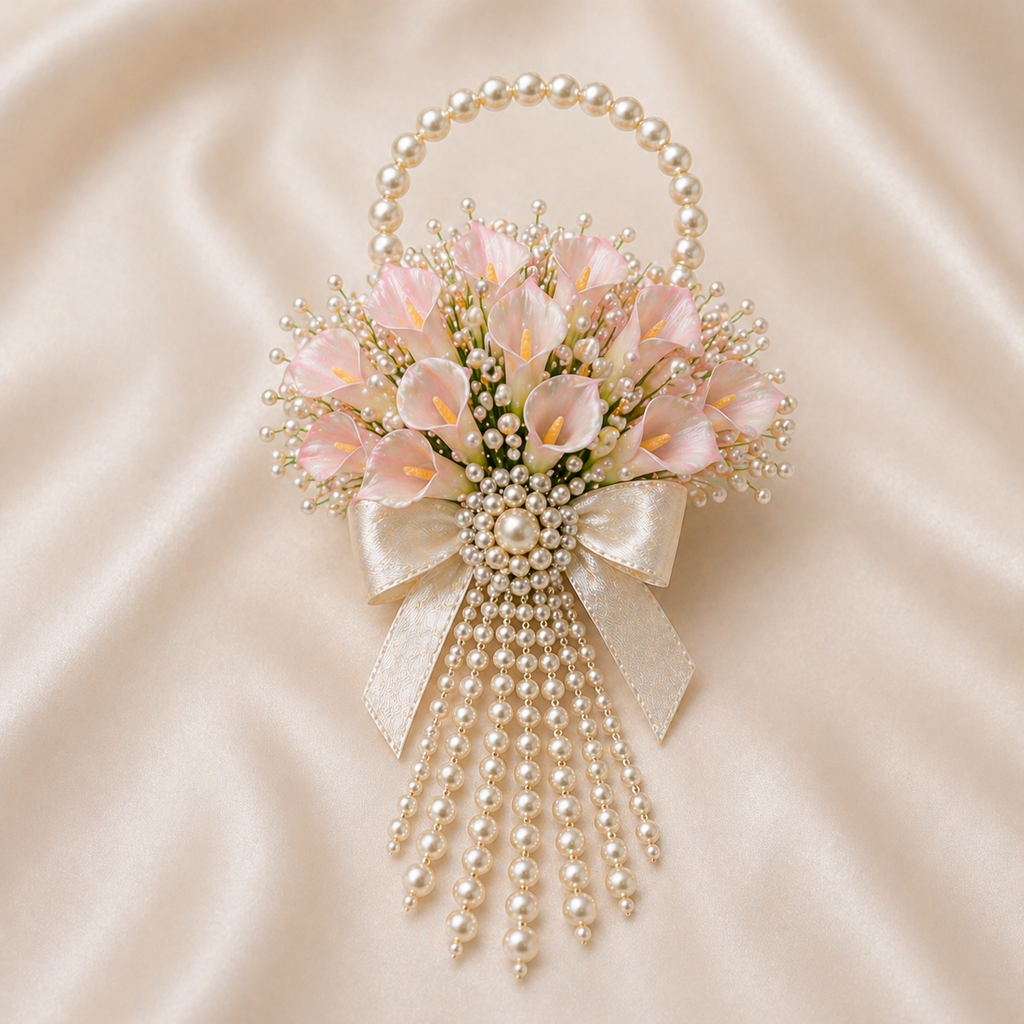 corsage mireasa the vow pearlee
bratara florala mireasa perle si calla
corsage nunta elegant handmade
accesoriu mireasa perle cascada